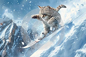 Cat Jumping Skier, Extreme Winter Sport Cats, Freestyle Skiing Kitty in Snow Mountains, Extreme