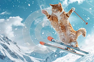 Cat Jumping Skier, Extreme Winter Sport Cats, Freestyle Skiing Kitty in Snow Mountains, Extreme