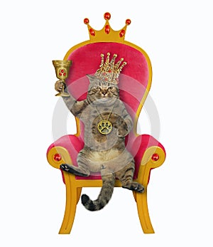 Cat king with a cup on a throne