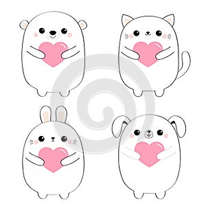 Cat kitten bear dog puppy rabbit hare set holding pink heart. Line contour silhouette Cute cartoon kawaii funny baby animal
