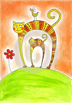 Cat and kitten, child's drawing, watercolor painting