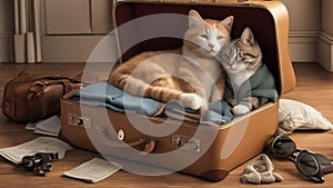 cat and kitten A comical scene where a cat and kitten are napping in an open suitcase, with clothes and travel items