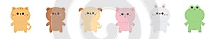 Cat kitten kitty, bear, dog puppy, pig, frog, rabbit bunny hare standing. Cute face icon set line. Cartoon kawaii animal character