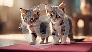 cat and kitten A playful kitten with a mischievous look, attempting a pose on a yoga mat,