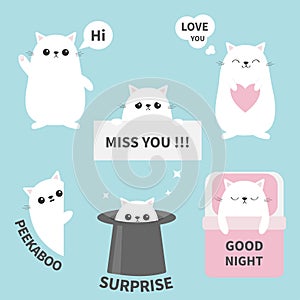 Cat kitten sticker emotion emoji icon set. Miss you. Hi. Good night, love you. Funny head face. Cute cartoon character. Magic hat.