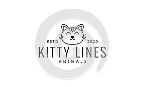 Cat or kitty or kitten or pet head line smile fat cute cartoon logo vector  illustration
