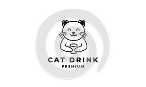 Cat or kitty or kitten or pet hold glass drink cute cartoon logo  vector illustration design