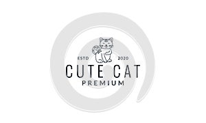 Cat or kitty or kitten or puss  pet smile line cute cartoon logo icon vector illustration