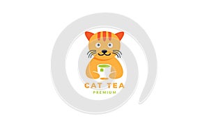 Cat or kitty or kitten with tea glass cute cartoon logo icon vector illustration