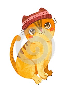 Cat in a knitted hat. Cute kitten character. Mascot of goods for pets.