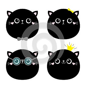 Cat ktten face icon set. Kids print poster, t-shirt. Cute black kawaii kitty animal. Crown, glassess, bow, sunglasses. Cartoon