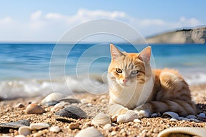 a cat laying on a beach next to the ocean and rocks