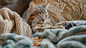 A cat laying on a blanket with some food and toys, AI