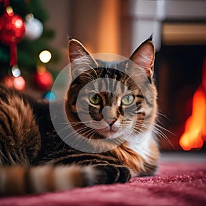 a cat is laying in front of the christmas tree and looking at the camera