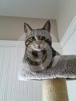 A cat laying on top of a scratching post