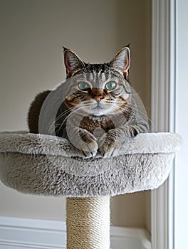 A cat laying on top of a scratching post
