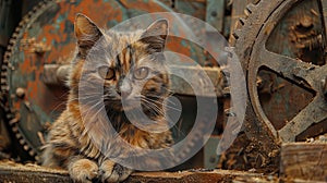 A cat is laying on a wooden surface next to a rusty gear