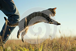 cat leaping with person in midair joy