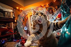 A cat left alone at home wreaks havoc in a room decorated for Christmas