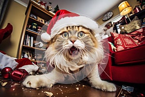 Cat left alone at home wreaks havoc in a room decorated for Christmas