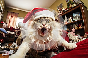 Cat left alone at home wreaks havoc in a room decorated for Christmas