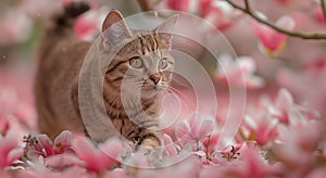 A cat leisurely walks through a field of vibrant pink flowers photo