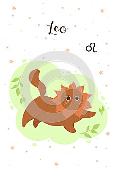 Cat Leo in cartoon style. Postcard with zodiac sign. Vector graphics