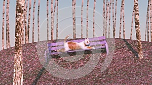 Cat lies on bench in birch grove. 3d render, 3d illustration.