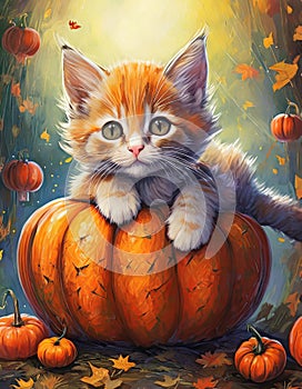 cat lies on orange pumpkin