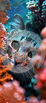 Cat life studying coral reef and marine life
