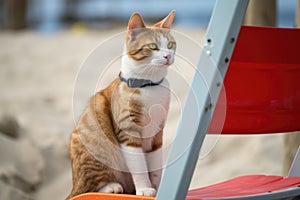 cat lifeguard sitting on beach chair, keeping an eye out for trouble