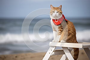 cat lifeguard sitting on beach chair, keeping an eye out for trouble