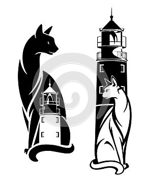 cat and lighthouse tower black and white vector design set