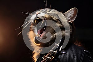 cat like as rock star headbanging in concert to electric guitar riffs