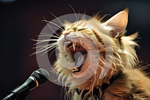 cat like as rock star performing at sold-out concert, with fans going wild in the crowd