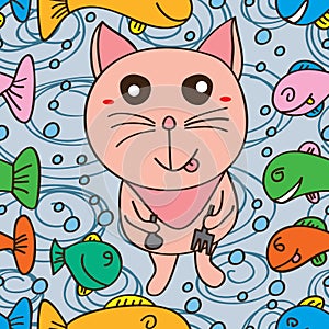 Cat like mum yummy fish seamless pattern