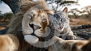 A cat and a lion laying on top of a tree