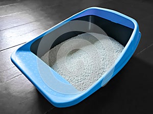 Cat litter box with benton filler on a gray background