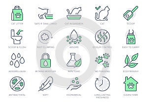 Cat litter line icons. Vector illustration include icon - sandbox, kitty tray filter, bag, biodegradable, natural