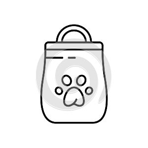 Cat litter toilet or dog food package icon. Linear bag with handle and paw print logo. Black illustration of pet products. Contour