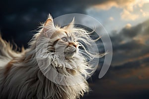 Cat with long fur resisting a strong wind, generative ai