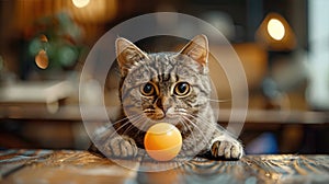 Cat looking at a ball on a tennis table with a blurred background