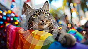 A cat is looking at the camera while wearing a rainbow flag