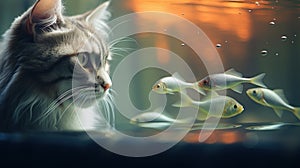 A cat looking at fish in a pond, AI