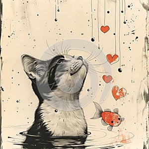 Cat is looking at a fish in a pond