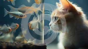 A cat looking at fish in a tank, AI