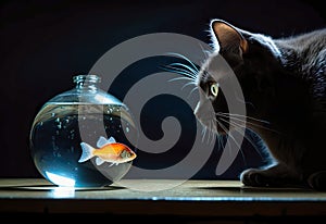 cat looking at a goldfish