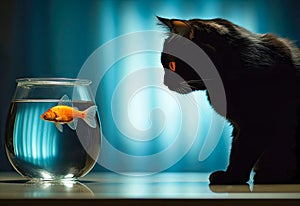 cat looking at a goldfish