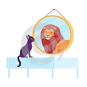 Cat looking mirror. Conceited kitten look on herself lion in reflection, fun cartoon small kitty vain narcissistic ego