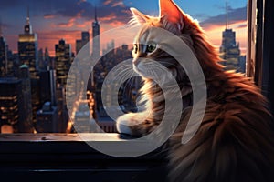 A cat looking out a window at the city, AI